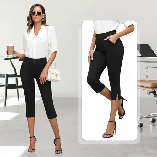 Vista 7 de Aleture Pantalones capri de oficina elegantes para mujer, pantalones de yoga elásticos para trabajo, pantalones capri casuales de negocios de 21.5