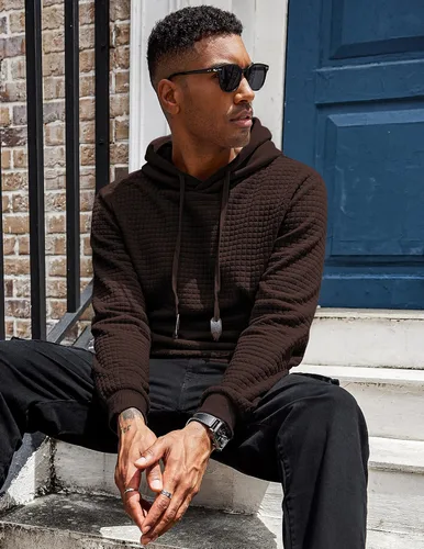 Vista 2 de COOFANDY Sudadera con capucha para hombre, de manga larga, a la moda, para gimnasio, atlética, a cuadros, jacquard, con bolsillo