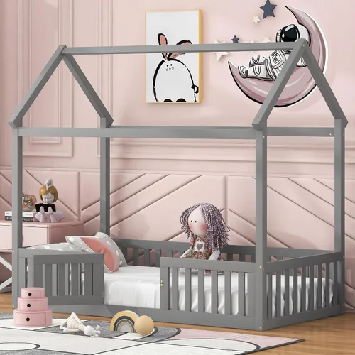 Vista 4 de Bellemave Cama Montessori de tamaño individual para niños, camas de piso de madera con barandillas de valla y puerta, cama individual para niños