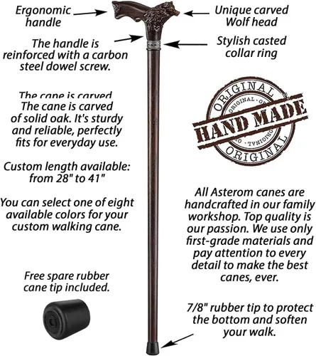 Vista 3 de Bastón de caminar tallado personalizado para hombres - Wolf Fenrir - Bastón de madera de lujo para hombre único