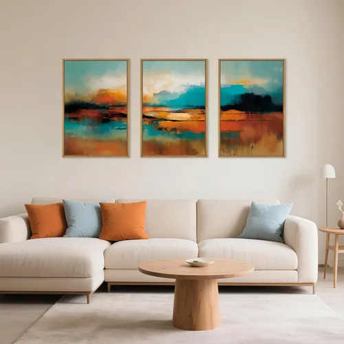 Vista 2 de Lienzo decorativo abstracto grande con marco naranja quemado, decoración de pared azul neutro y negro, arte moderno con pinceladas, impresión