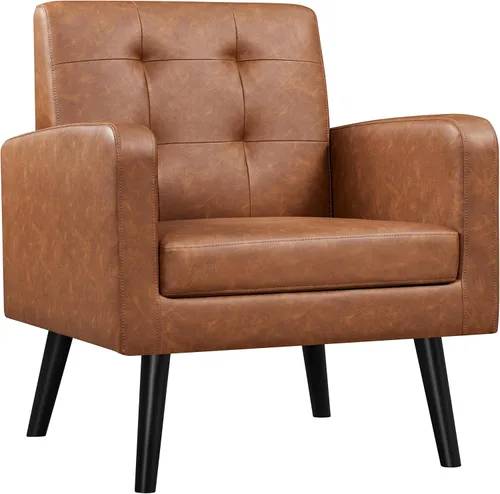 Vista 20 de Yaheetech - Sillas de acento de mediados de siglo, silla moderna tapizada de piel sintética para sala de estar, sillón acogedor con respaldo