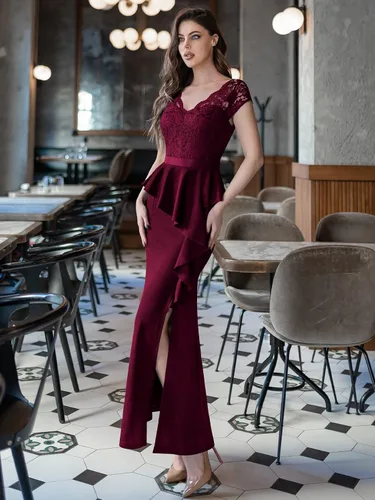Vista 3 de MISSMAY Elegante vestido largo de cóctel con volantes y encaje floral para mujer