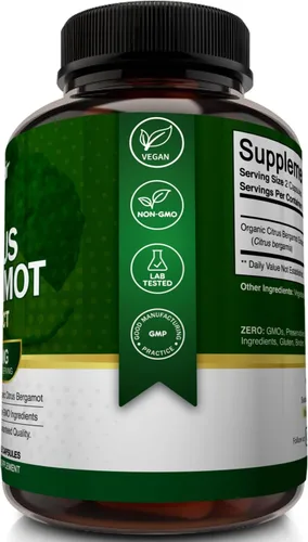 Vista 5 de NutriFlair Bergamota cítrica orgánica de 1400 mg, 120 cápsulas – Bergamia 25:1 – Aceite esencial y bioflavonoides cítricos – Suplementos naturales