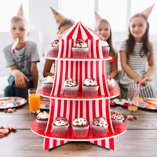 Vista 3 de Exhibidor de poliestireno de 3 niveles para bocadillos, diseño de carpa de circo, ideal para postres, cumpleaños y demás decoraciones