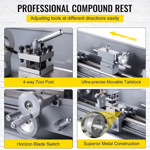 Vista 6 de VEVOR Torno de metal, Mini máquina de torno de 210x720, Cambio de velocidad variable de 2500 RPM, Mini torno de precisión de 750W, Torno de trabajo
