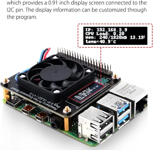 Vista 2 de GeeekPi Sombrero de ventilador para Raspberry Pi 4 Modelo B, PWM Fan GPIO Placa de expansión con pantalla OLED de 0.91 pulgadas para Raspberry Pi