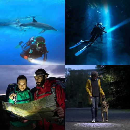 Vista 7 de Linterna de buceo de 10000 lúmenes, luz de buceo IPX8, impermeable, recargable, 3 modos, linterna submarina, linterna LED submarina profesional