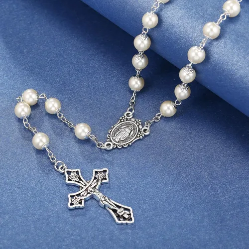 Vista 2 de Collar de rosario con cuentas de perlas católicas, medalla milagrosa y rosario de cruz para mujer