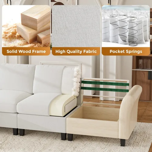 Vista 7 de Legend Vansen Sofá modular seccional, cómodo sofá modular en forma de U de 6 asientos con espacio de almacenamiento y diván, sofás seccionales Crema