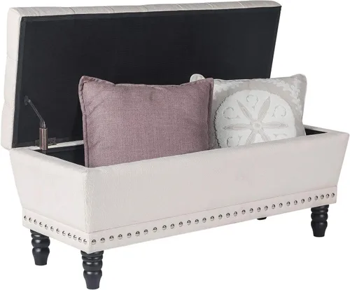 Vista 4 de Homebeez Taburete otomano de almacenamiento con reposapiés copetudo con ribete de cabeza de clavo (beige), grande