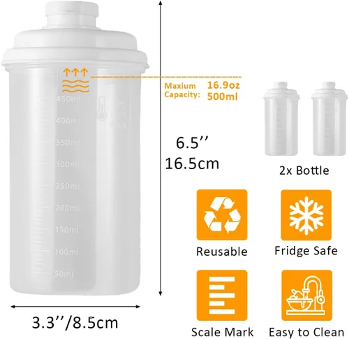 Vista 2 de Paquete de 2 botellas de leche de plástico con dispensador, botella de jugo reutilizable de 16.9 onzas con tapa y escala a prueba de fugas