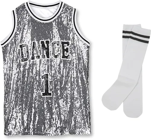 Vista 4 de LOLANTA Ropa de baile Hip Hop para niñas, vestido de lentejuelas para niños, camiseta larga sin mangas, disfraz de jazz, camiseta de animadora