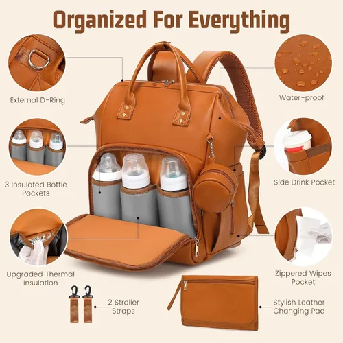 Vista 3 de ROSEGIN Mochila para pañales de piel vegana prémium con cambiador impermeable - Costuras y cremalleras reforzadas, bolsa de bebé para niño y niña
