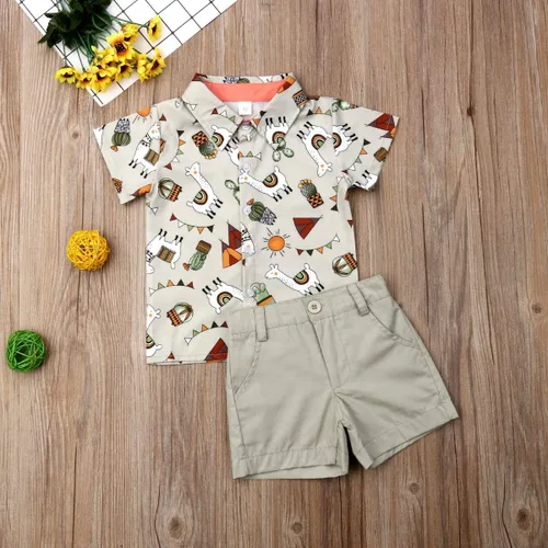 Vista 2 de Conjunto de camisa de manga corta con botones y pantalones cortos casuales con diseño de flamingo, para bebés y niños de 1 a 6 años, atuendos