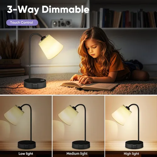 Vista 3 de Juego de 2 lámparas de mesa industriales para dormitorio, lámpara de noche táctil regulable de 3 vías para mesita de noche con puertos USB C+A
