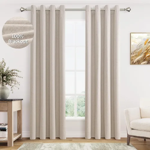 Vista 22 de Beige White Linen Blackout Curtains 90 Length 2 Panels Set for Living Room Bedroom, 100% Black Out Thermal Insulated Linen Drapes, Room Darkening
