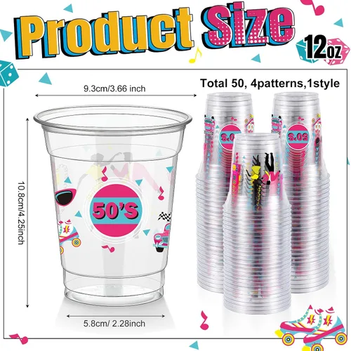 Vista 2 de FoldTier 50 Piezas Vasos de los Años 50 de 12 oz Plástico Vasos Regreso a los Años 50 Vasos Transparentes Desechables de los Años 50 Vasos Temáticos