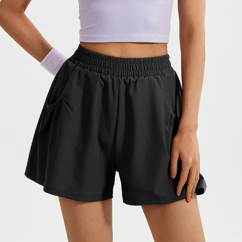 Vista 2 de TAISIM Pantalones cortos de entrenamiento de cintura alta para mujer con bolsillos y forro, pantalones cortos deportivos de secado rápido