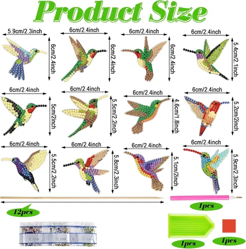 Vista 2 de Huwena 12 piezas de pintura de diamante de colibrí para decoración de jardín, pintura de pájaros, estacas de jardín, kits de estacas de arte