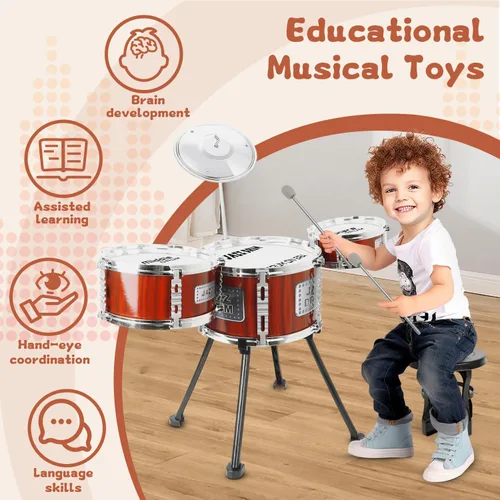 Vista 4 de Juego de Batería para Niños, Juguetes Musicales, Juego de Tambores para Niños Pequeñas de 3 a 5 Años, Kit de Tambores Jazz con Taburete, 3 Tambores