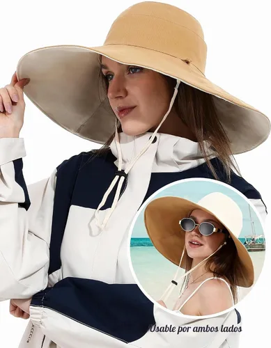 Vista 4 de Sun Hat for Women Wide Brim Reversible Double-Sided Cotton Fisherman Cap Caqui