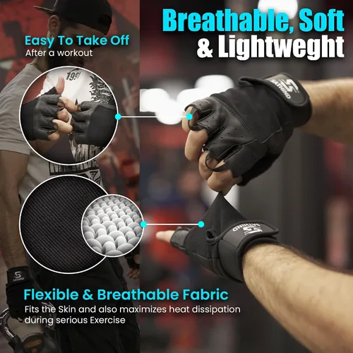 Vista 3 de Guantes de entrenamiento de cuero para hombres y mujeres, guantes antideslizantes para levantamiento de pesas, gimnasio y ciclismo con malla