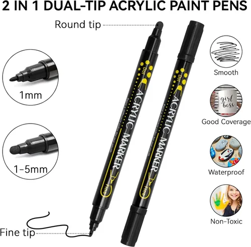Vista 2 de Marcador de pintura, bolígrafos de pintura acrílica de doble punta, paquete de 8 bolígrafos de pintura en blanco y negro, ideales para madera