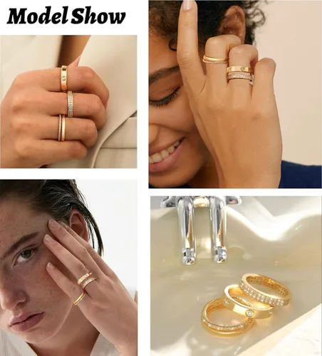 Vista 5 de TOSGMY Anillos de oro y plata para mujer, sin deslustre, anillos apilables modernos y delicados chapados en oro de 18 quilates, con circonita
