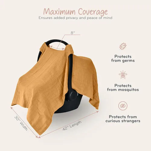 Vista 3 de Funda de asiento de coche para bebé, muselina de algodón orgánico, toldo para asiento de automóvil, 43 x 32 pulgadas (amarillo otoño)