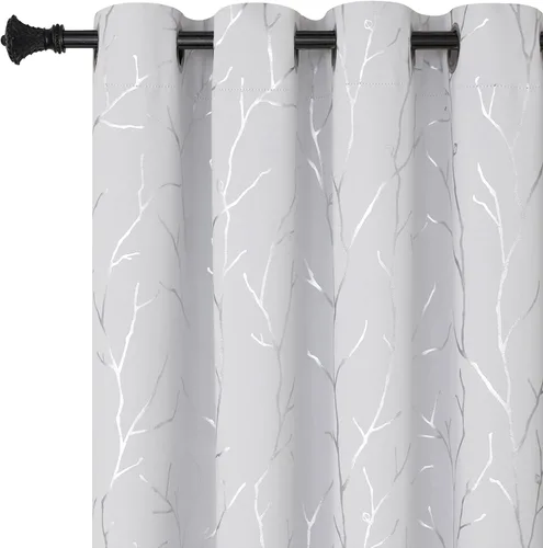 Vista 46 de BUHUA Cortinas pequeñas para ventana de 36 pulgadas de largo, 2 paneles, cortinas opacas con elegantes ramas de árbol plateadas, cortinas de bloqueo