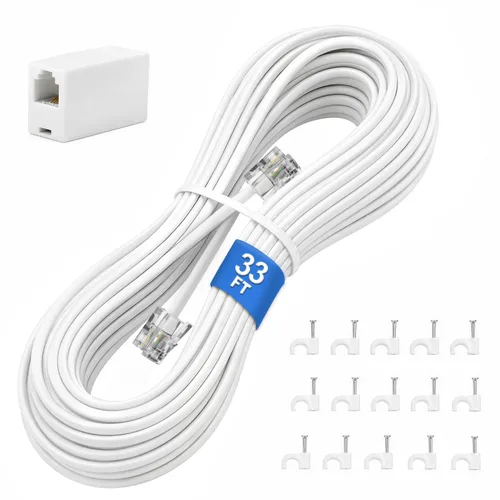 Vista 19 de Uvital Cable de extensión de teléfono de 15 pies, acoplador RJ11 y clips de Negro