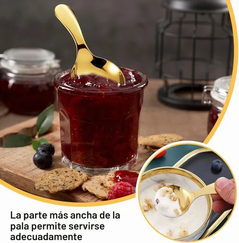 Vista 7 de 5 mini cucharas de helado para recipientes, mini cucharas doradas para servir dulces, acero inoxidable, mango corto, condimentos de sal, cucharas