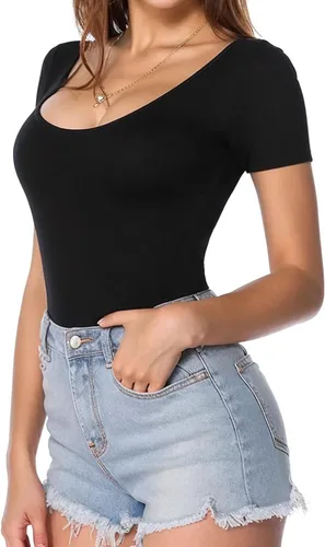 Vista 2 de MANGOPOP Body básico elástico de manga corta con cuello redondo para mujer