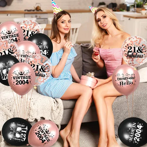 Vista 6 de Globos de cumpleaños número 21, 18 globos de oro rosa y negro 2004, decoraciones de fiesta de cumpleaños 21 para mujeres, globos de látex de confeti
