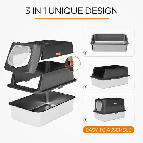 Vista 5 de Citylife Caja de Arena para Gatos de Acero Inoxidable con Tapa, XL Extra Grande Cerrada Removible Caja de Arena de Metal con Pala para Arena