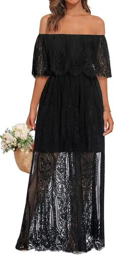 Vista 9 de Holipick Vestido Maxi de Encaje con Hombros Descubiertos para Mujer Estilo Boho Invitada de Boda Dama de Honor Playa Vestido Largo Formal Beige