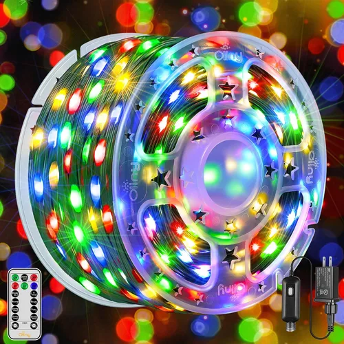 Vista 7 de Ollny Luces LED de 198 pies 600 LED para exteriores, impermeables, enchufables, para árbol de Navidad, con 8 modos de temporizador remoto, cadena