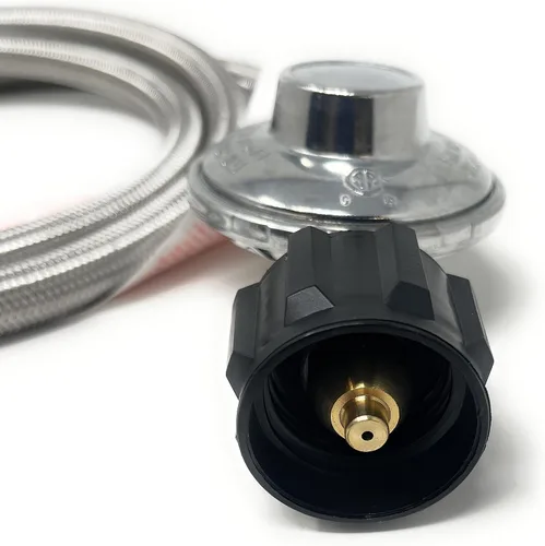 Vista 2 de QCC-3/8 Regulador universal de propano de baja presión QCC1 con manguera trenzada de acero inoxidable [949-033] para la mayoría de parrillas de gas