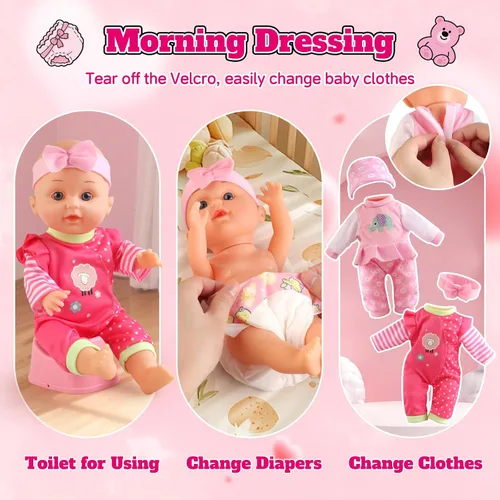 Vista 4 de Juego de Cochecito de Muñeca Bebé - Una Muñeca Bebé de 12.5" con Accesorios para Muñecas y 2 Juegos de Ropa, Cochecito de Muñeca para Niños Pequeños