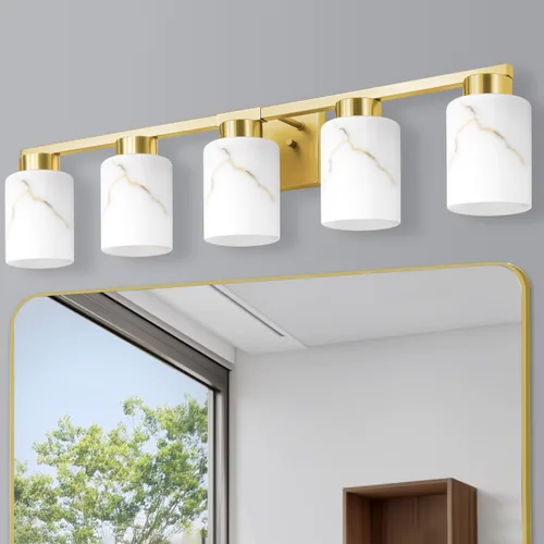 Vista 11 de Juego de 2 apliques de pared dorados con pantalla de vidrio de mármol, accesorios modernos de tocador de baño para dormitorio, pasillo, entrada