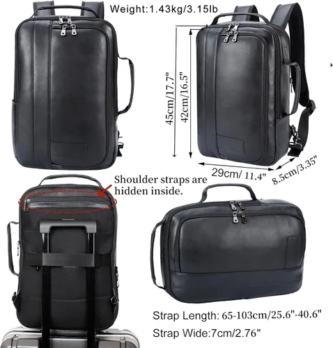 Vista 6 de Masa Kawa Mochila para portátil de cuero delgado de 15.6 pulgadas para hombre, maletín convertible, mochilas expandibles, color negro, bolsa