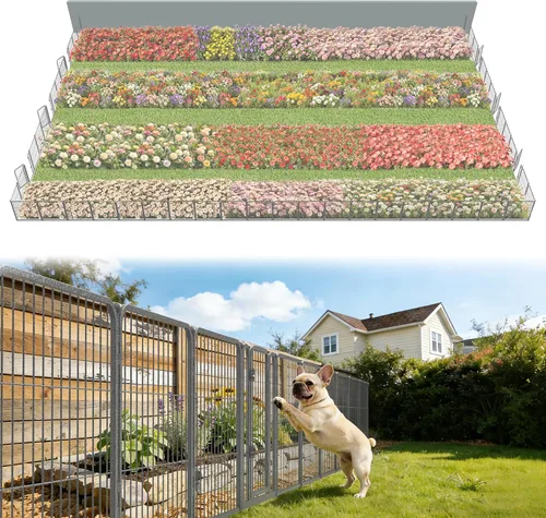 Vista 63 de FXW Valla de jardín al aire libre para el patio, 17 pulgadas de alto x 29.3 pies de largo, barrera de metal resistente para animales, para perros