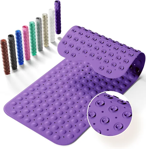 Vista 11 de Alfombrilla antideslizante para bañera, extra grande de 39x16 pulgadas con agujeros de drenaje y ventosas, lavable a máquina, color negro