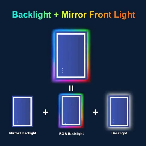 Vista 6 de Espejo de baño LED con retroiluminación RGB, espejo rectangular LED HD con control táctil, antivaho, función de memoria, espejo de maquillaje RGB