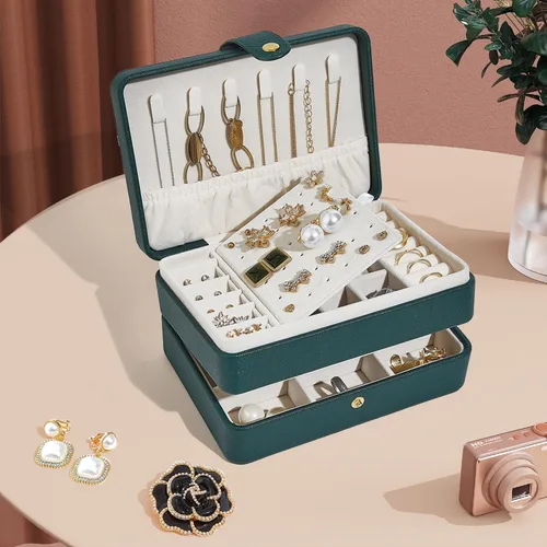 Vista 6 de BUTI4WLD Joyero pequeño, cajas de joyería para mujeres y niñas, caja organizadora de joyas, 2 capas organizador de almacenamiento de joyas de viaje