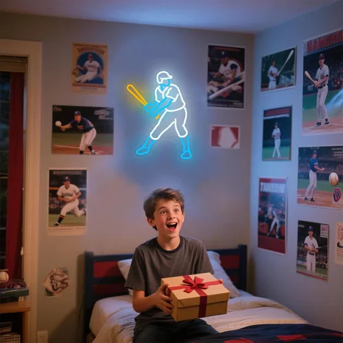 Vista 6 de Letrero de neón de jugador de béisbol, luz LED regulable de béisbol y decoración de pared para dormitorio de niños, cueva de hombres y fiestas