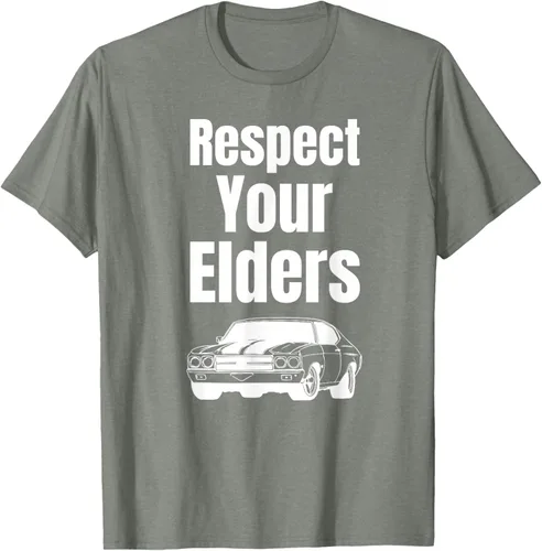 Vista 63 de Divertido regalo de auto para chicos – Respect Your Elders Classic Muscle Car Camiseta, Negro, S