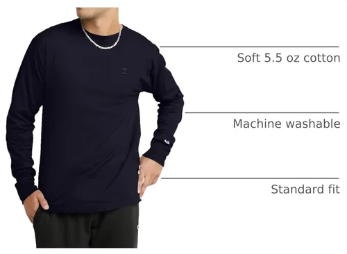 Vista 4 de Champion Men's Classic Long Sleeve T-Shirt, Standard Fit, Script & C Logo, Available in Regular and Big & Tall Negro