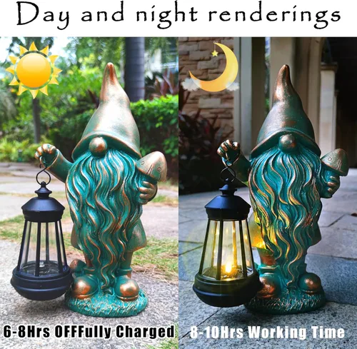 Vista 4 de JOYBEE Estatuas de Jardín Gnomos con Linterna Solar Decoración Exterior - Gnomos Figuras Solares Luces Decoraciones para Patio Jardín Césped
